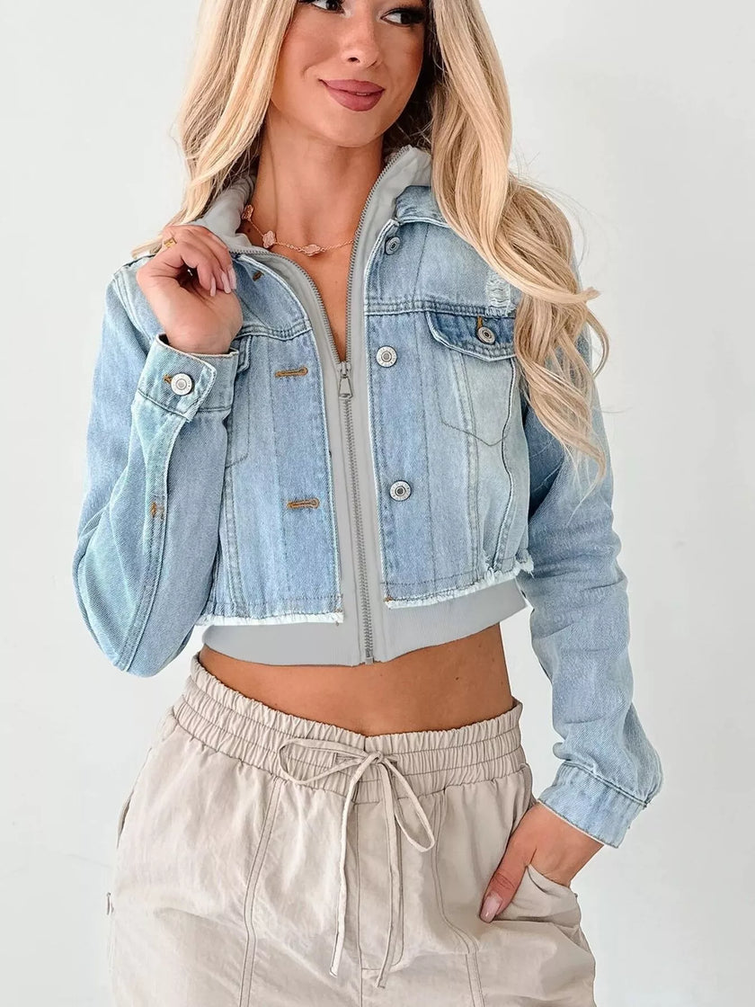 Distressed Zip Up Cropped Hooded Denim Jacket
