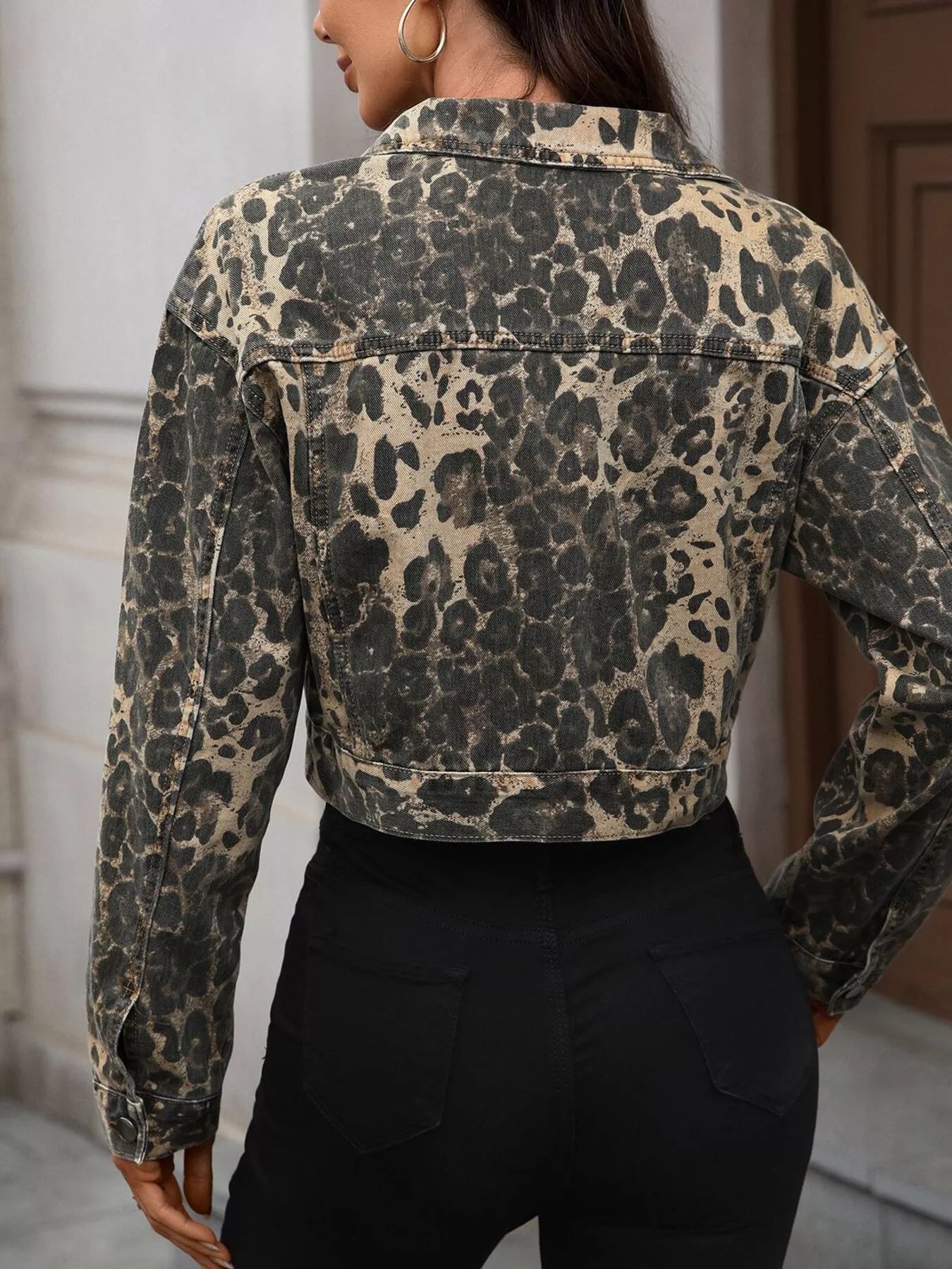 Leopard Trim Button-Up Cropped Jacket