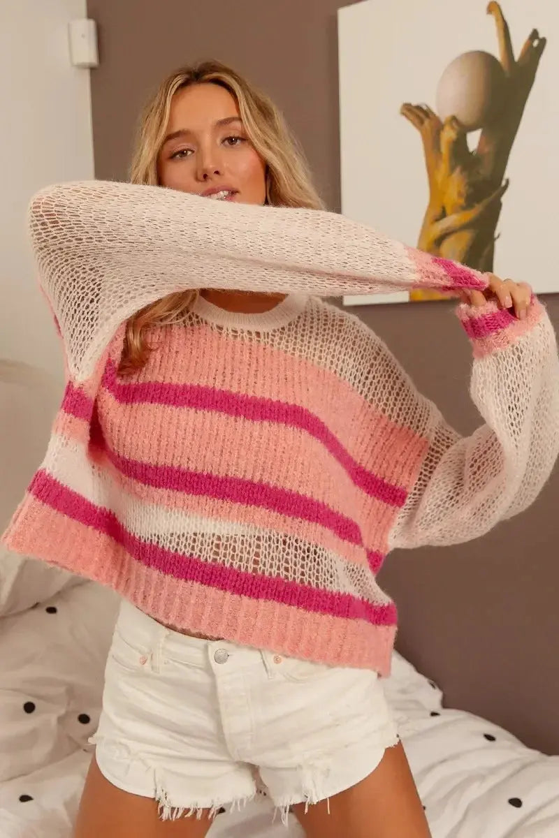 Hollow Out Yoke Detail Striped Sweater - Heraki 
