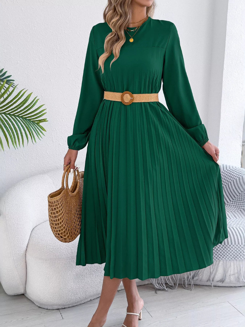 Belted Pleated Flow Midi Dress