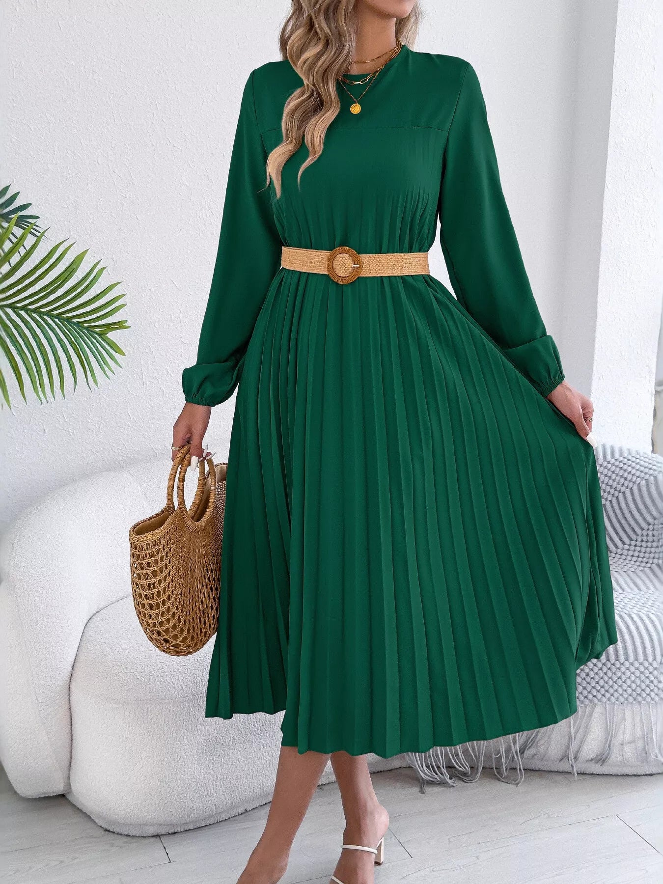Belted Pleated Flow Midi Dress