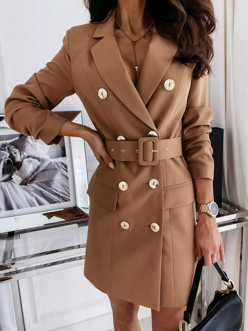 Tailored Double-Breasted Blazer Dress with Waist-Cinching Belt - Sophisticated Mini Dress