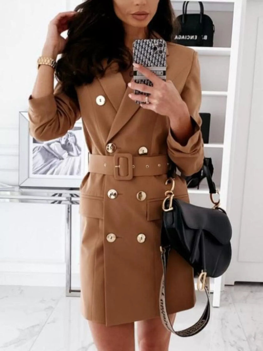Tailored Double-Breasted Blazer Dress with Waist-Cinching Belt - Sophisticated Mini Dress