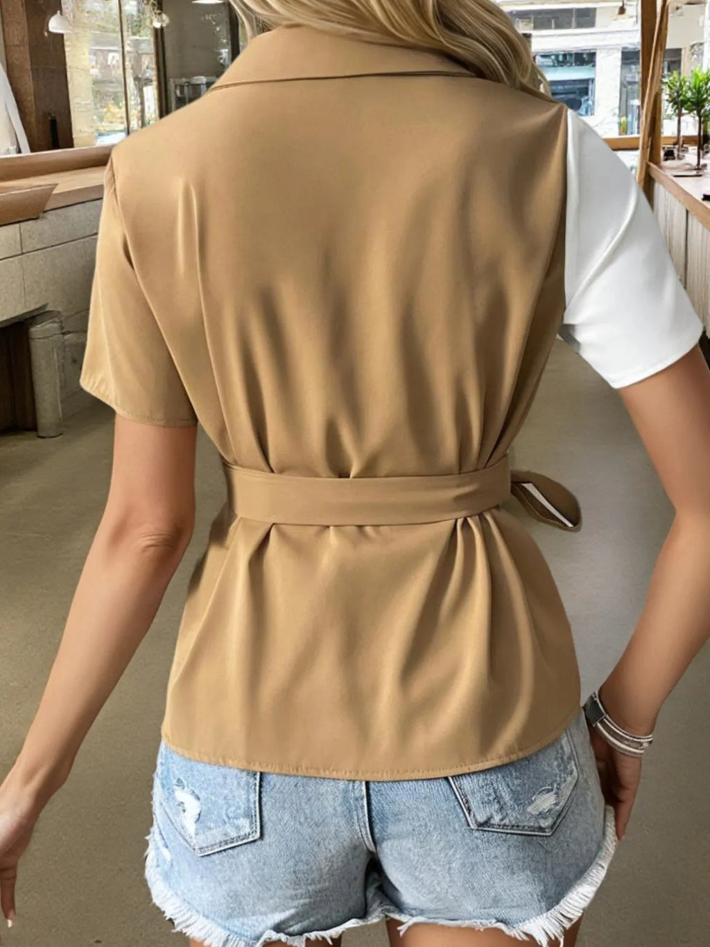 Two-Tone Tie Waist Blouse