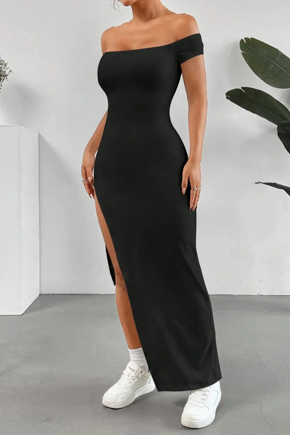 Off-Shoulder Slit Bodycon Maxi Dress
