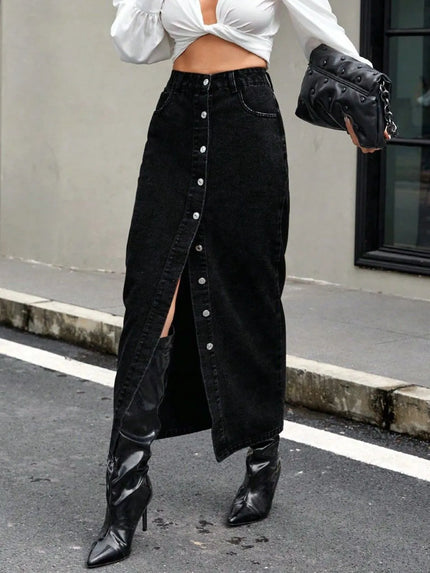 Button Front Slit Denim Skirt