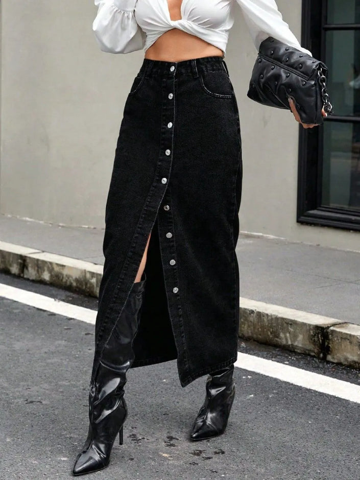 Button Front Slit Denim Skirt