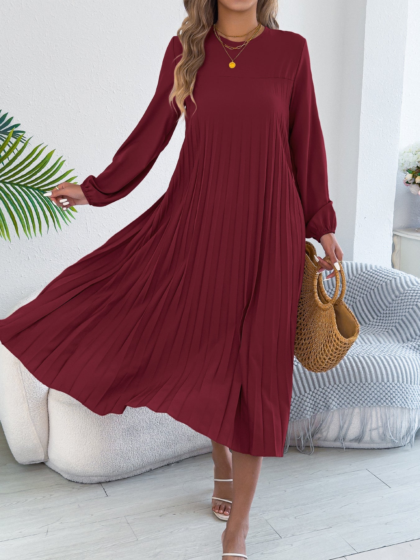 Belted Pleated Flow Midi Dress