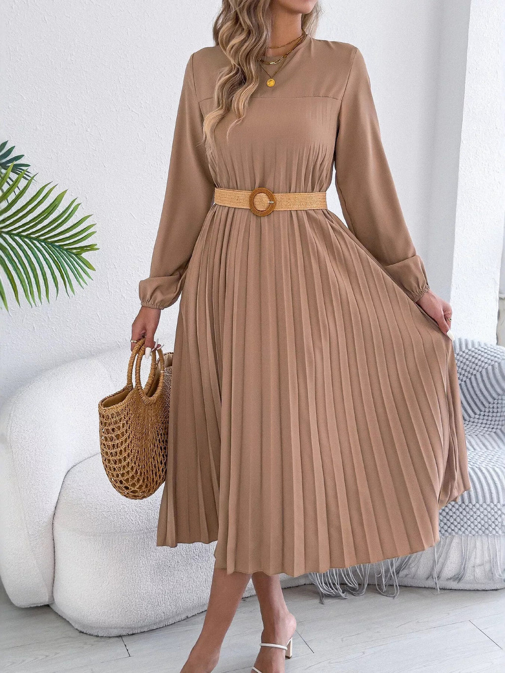 Belted Pleated Flow Midi Dress
