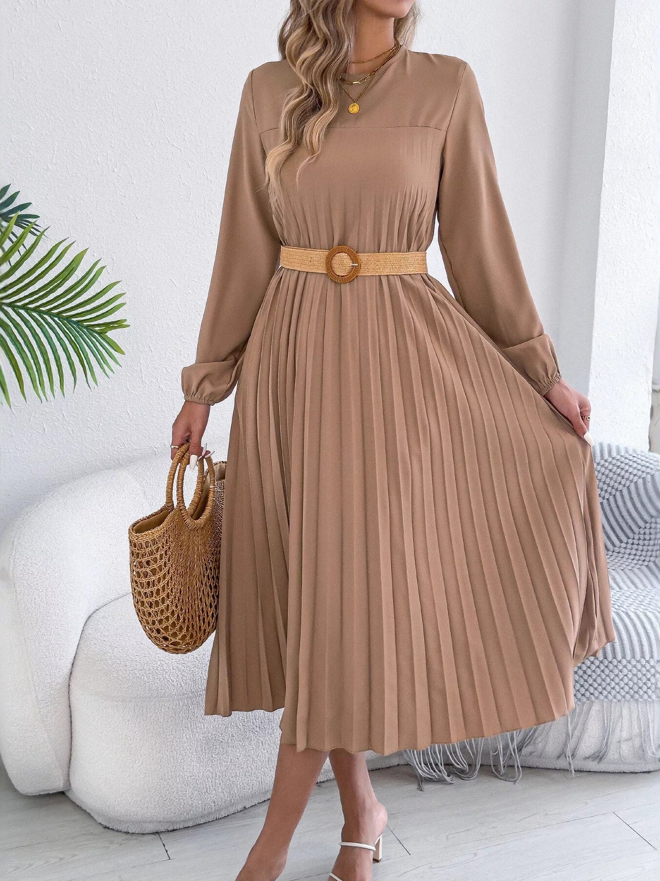 Belted Pleated Flow Midi Dress