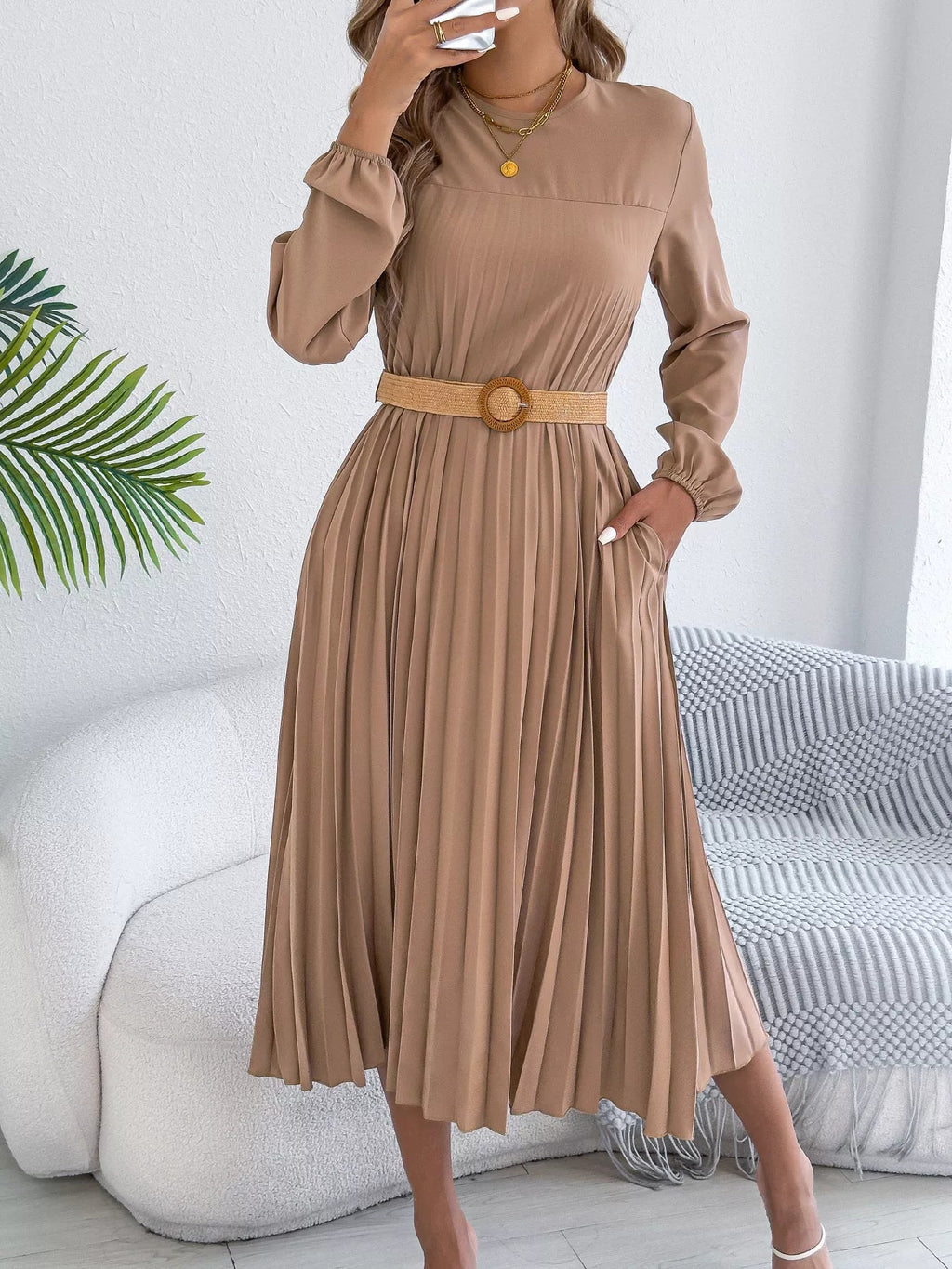Belted Pleated Flow Midi Dress