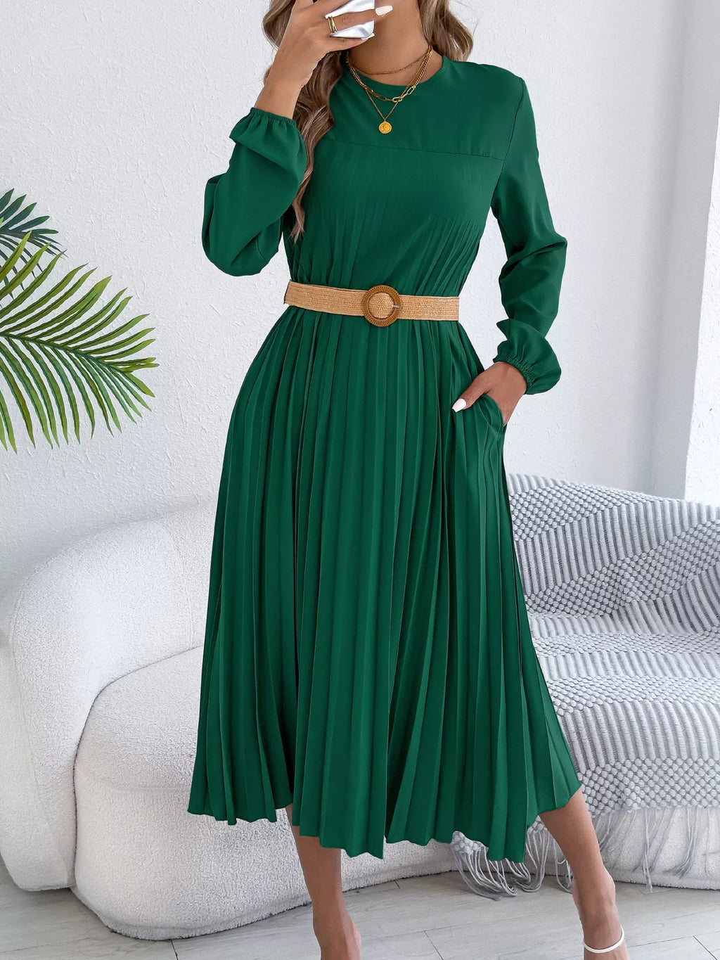 Belted Pleated Flow Midi Dress