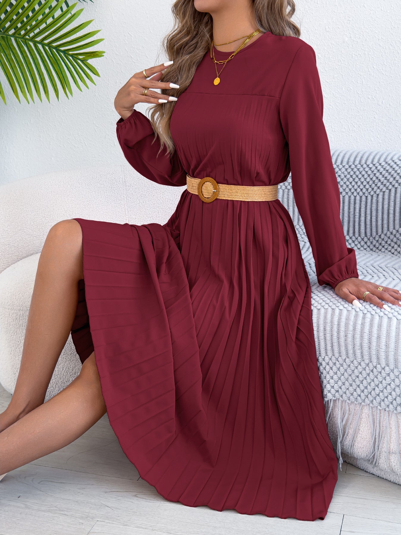Belted Pleated Flow Midi Dress