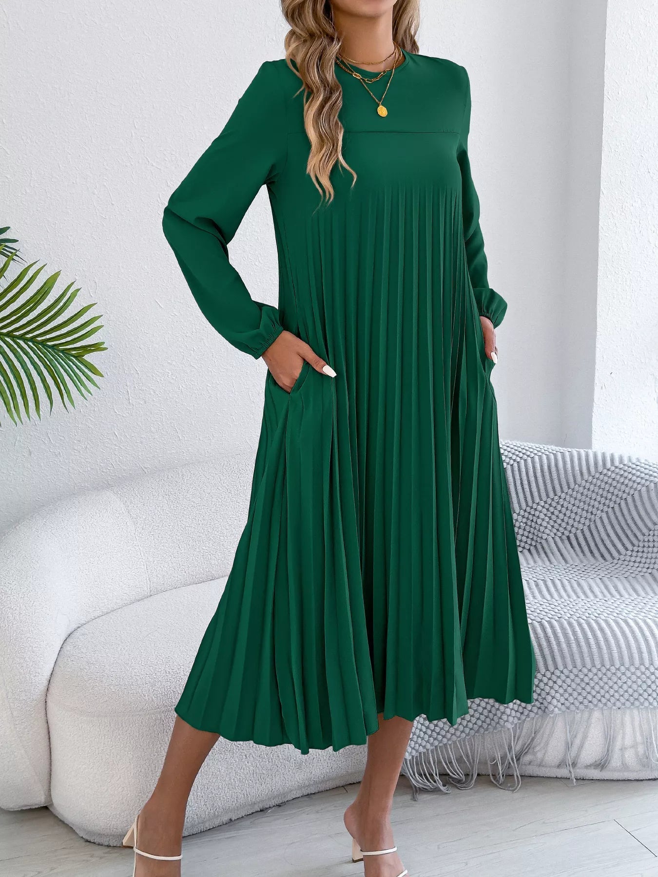 Belted Pleated Flow Midi Dress
