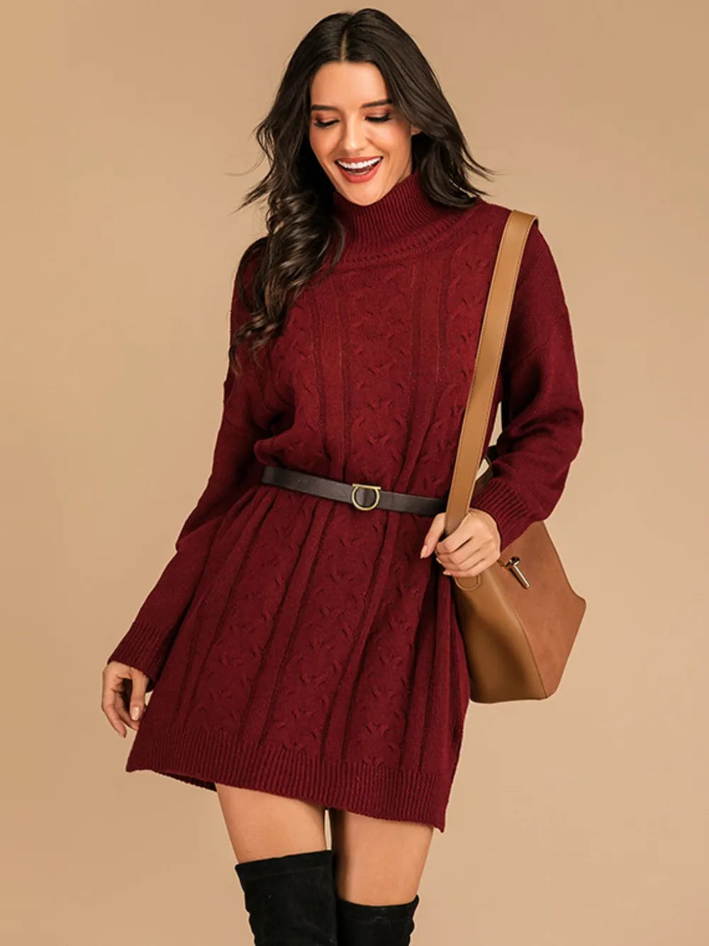 Slit Turtleneck Cable Knit Dress