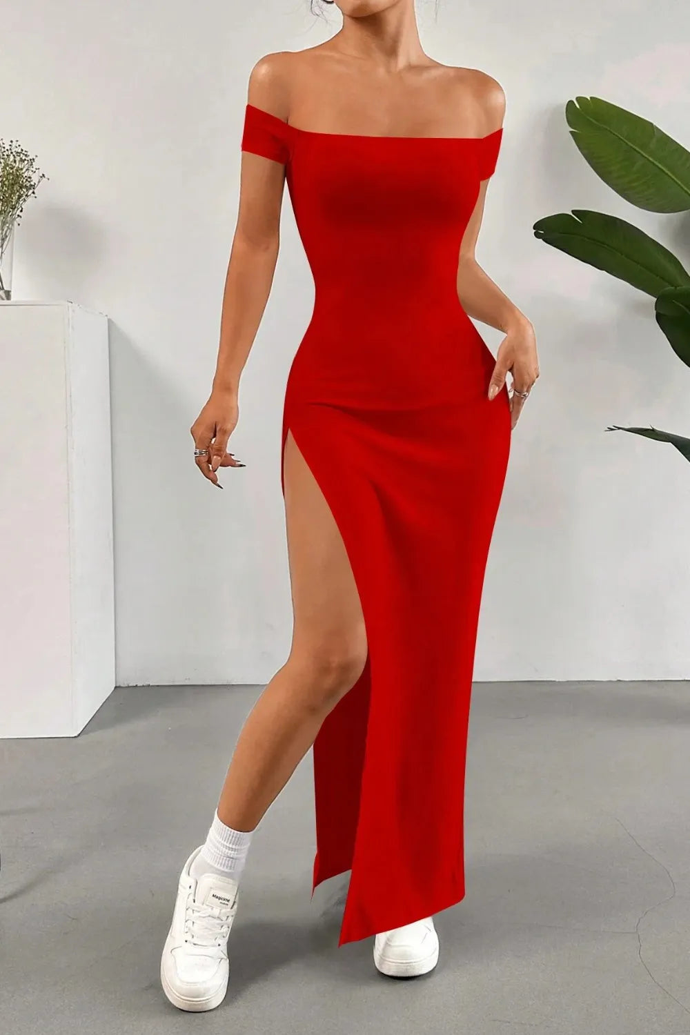 Off-Shoulder Slit Bodycon Maxi Dress