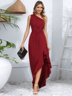Burgundy Allure One-Shoulder Maxi Dress - Elegant Ruched Ruffle Gown