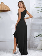 Burgundy Allure One-Shoulder Maxi Dress - Elegant Ruched Ruffle Gown
