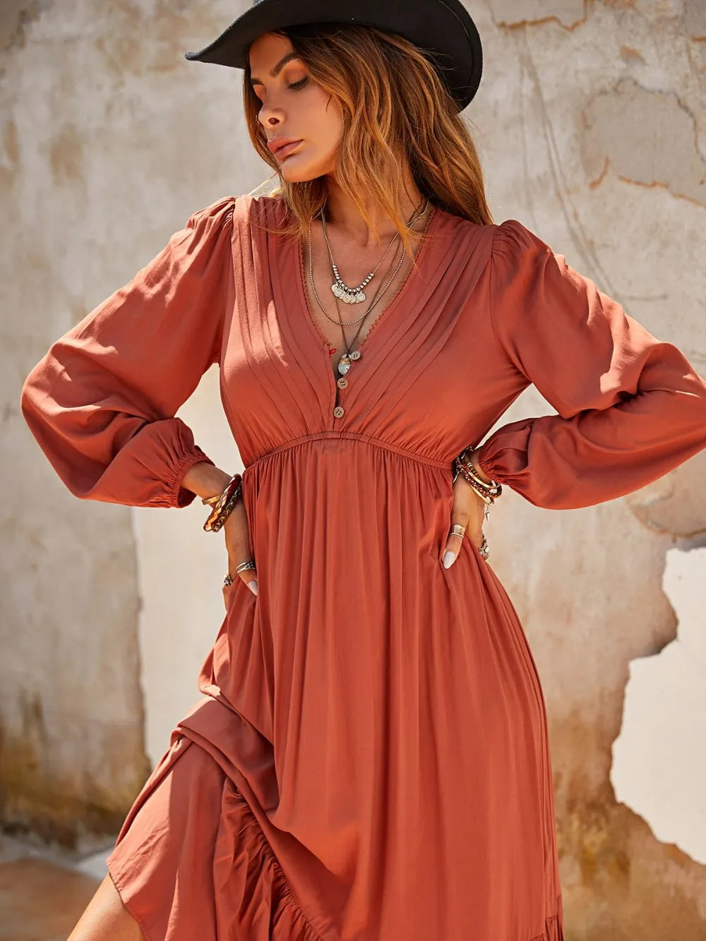 Ruched Long Sleeve Midi Dress