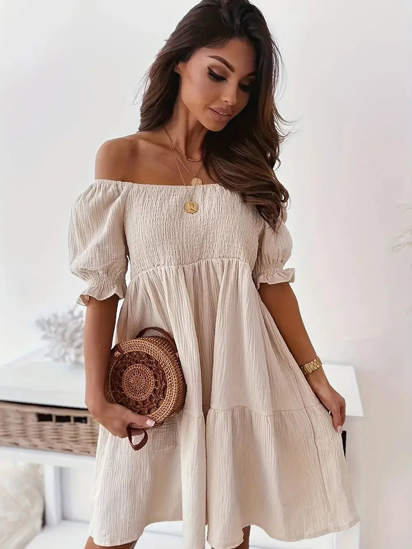 Full Size Ruffled Off-Shoulder Short Sleeve Dress - Heraki 