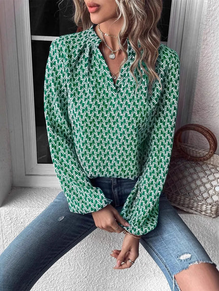 Chic Printed Notched Neck Long Sleeve Blouse