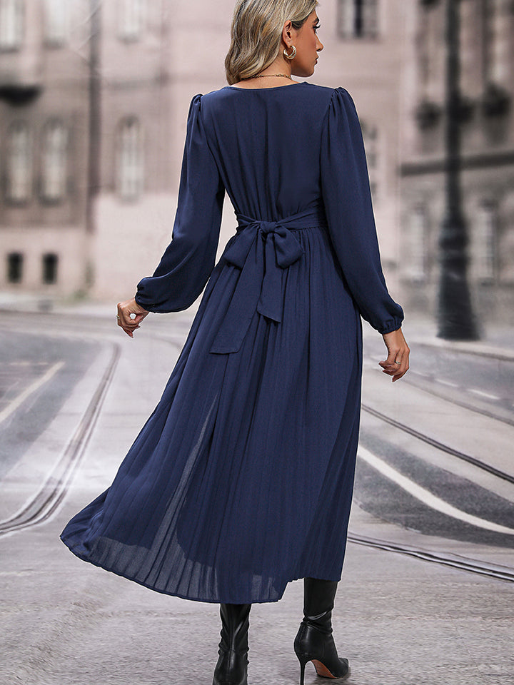Perfee V-Neck Pleated Midi Dress with Slit