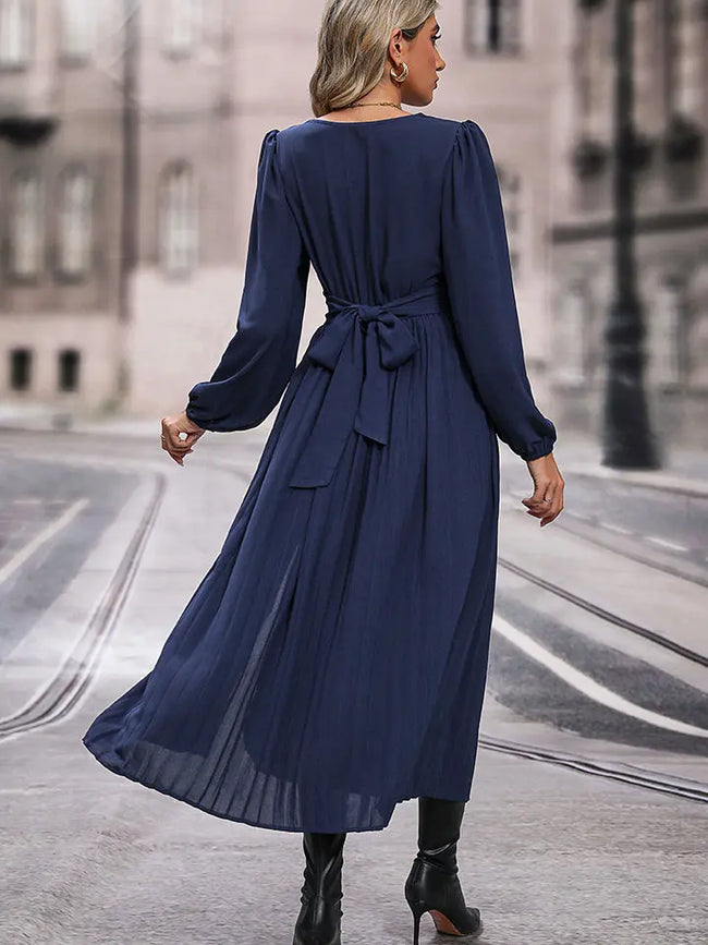 Perfee V-Neck Pleated Midi Dress with Slit