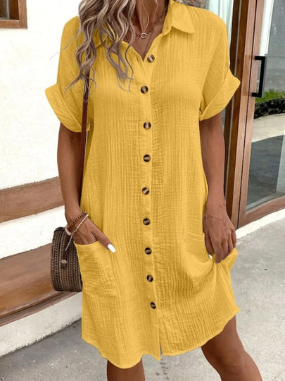 Casual Cotton Button-Down Shirt Dress with Pockets