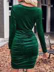 Velvet Cowl Neck Ruched Long Sleeve Bodycon Dress