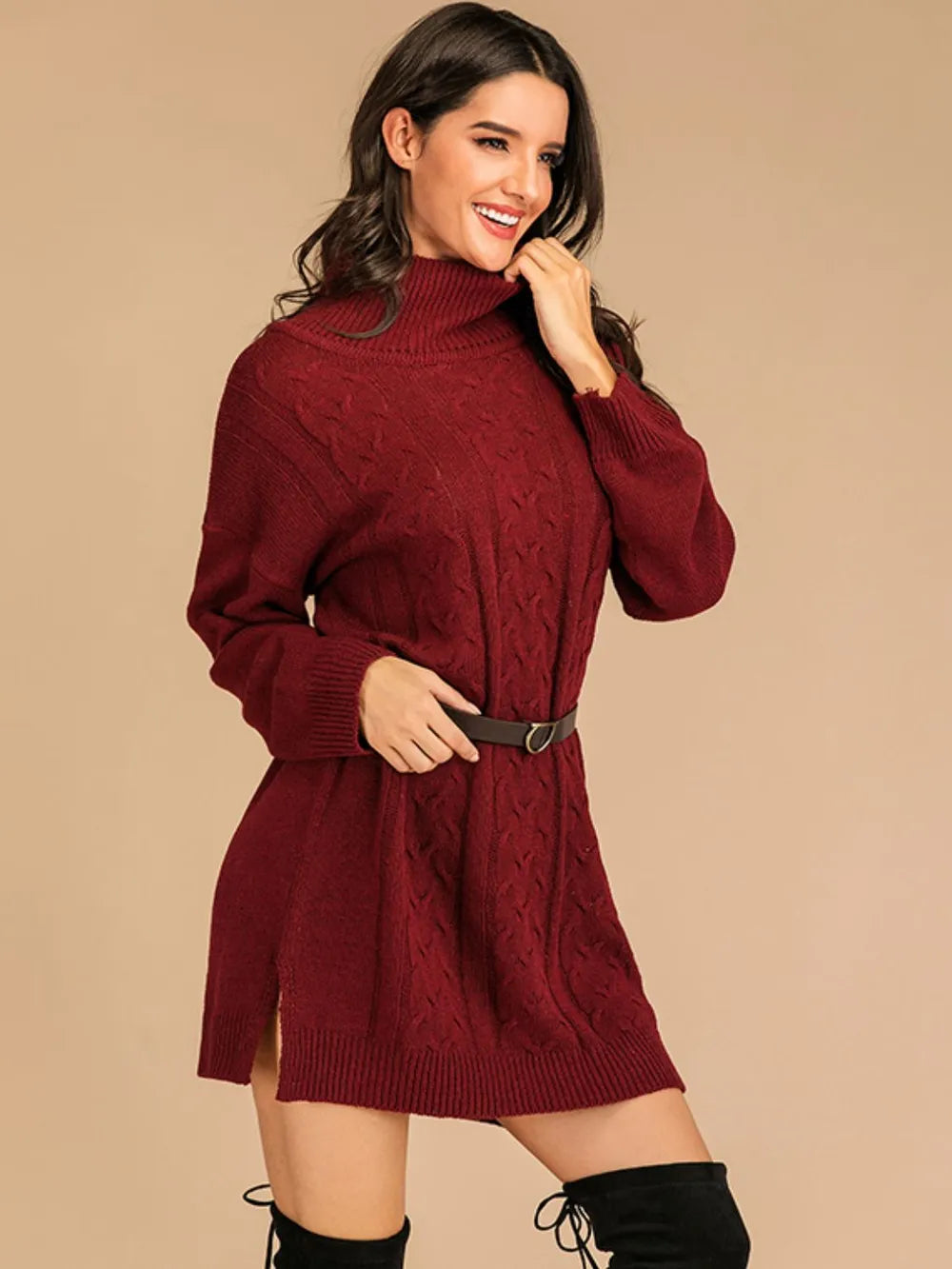 Slit Turtleneck Cable Knit Dress