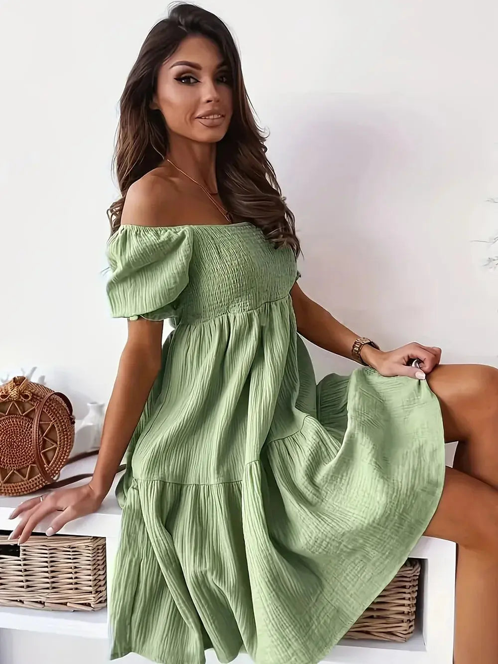 Full Size Ruffled Off-Shoulder Short Sleeve Dress - Heraki 