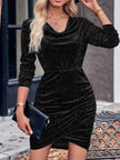 Velvet Cowl Neck Ruched Long Sleeve Bodycon Dress
