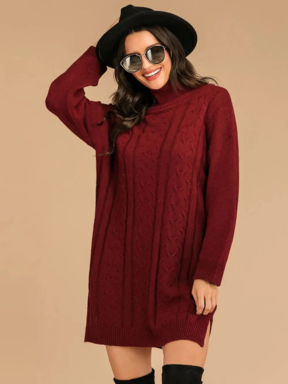 Slit Turtleneck Cable Knit Dress