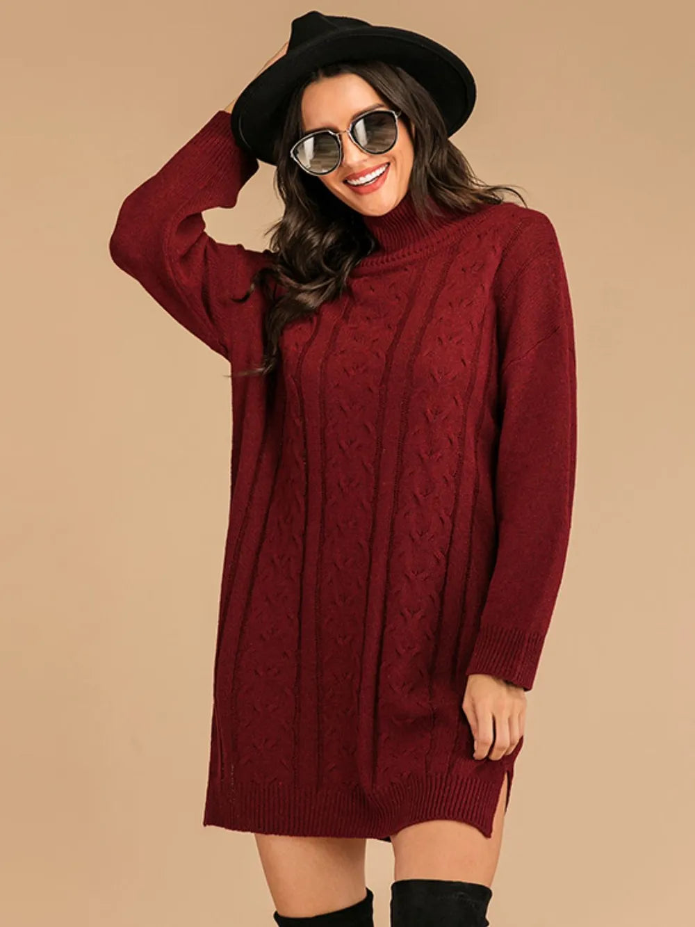 Slit Turtleneck Cable Knit Dress
