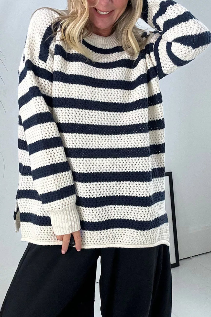 Striped Knit Dropped Shoulder Sweater - Classic Breton Inspired Ribbed Pullover
