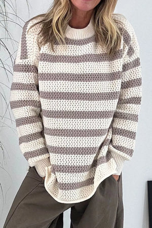 Striped Knit Dropped Shoulder Sweater - Classic Breton Inspired Ribbed Pullover