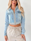 Distressed Zip Up Cropped Hooded Denim Jacket