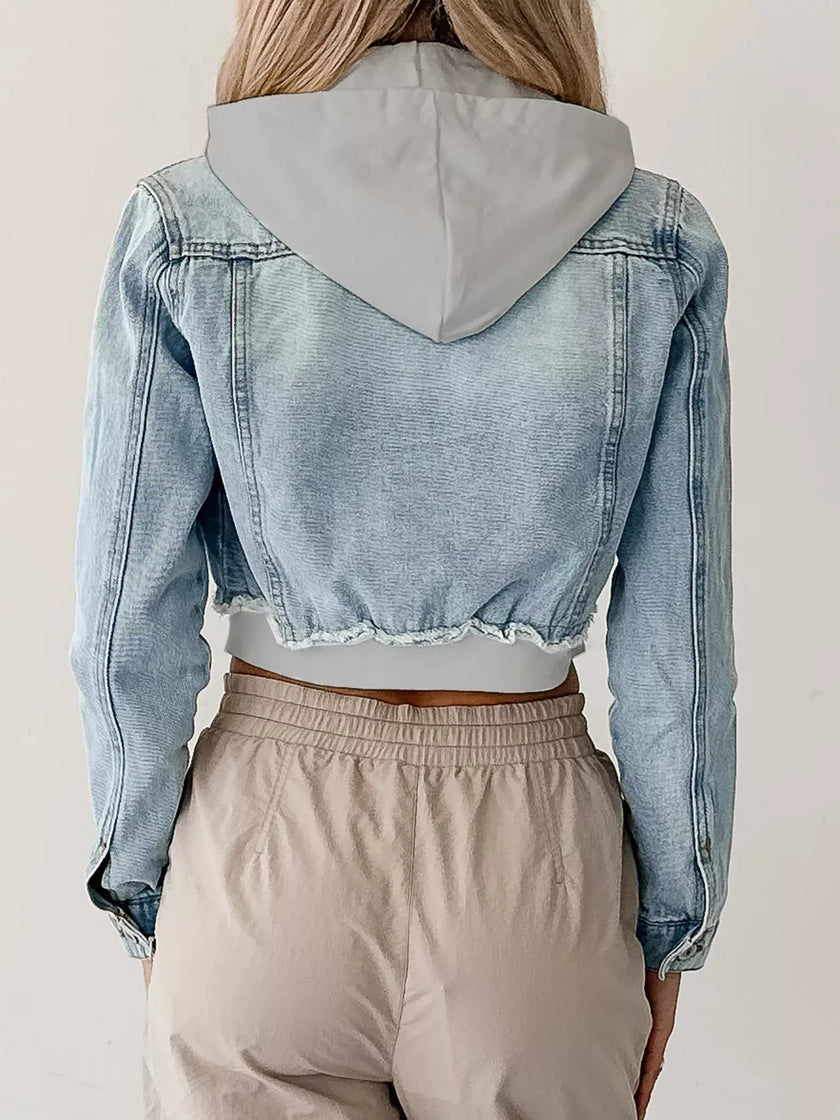 Distressed Zip Up Cropped Hooded Denim Jacket