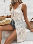 Front Tie Crochet Sleeveless Longline Cardigan - Boho Openwork Layering Vest