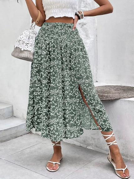 Smocked Printed Slit Midi Skirt