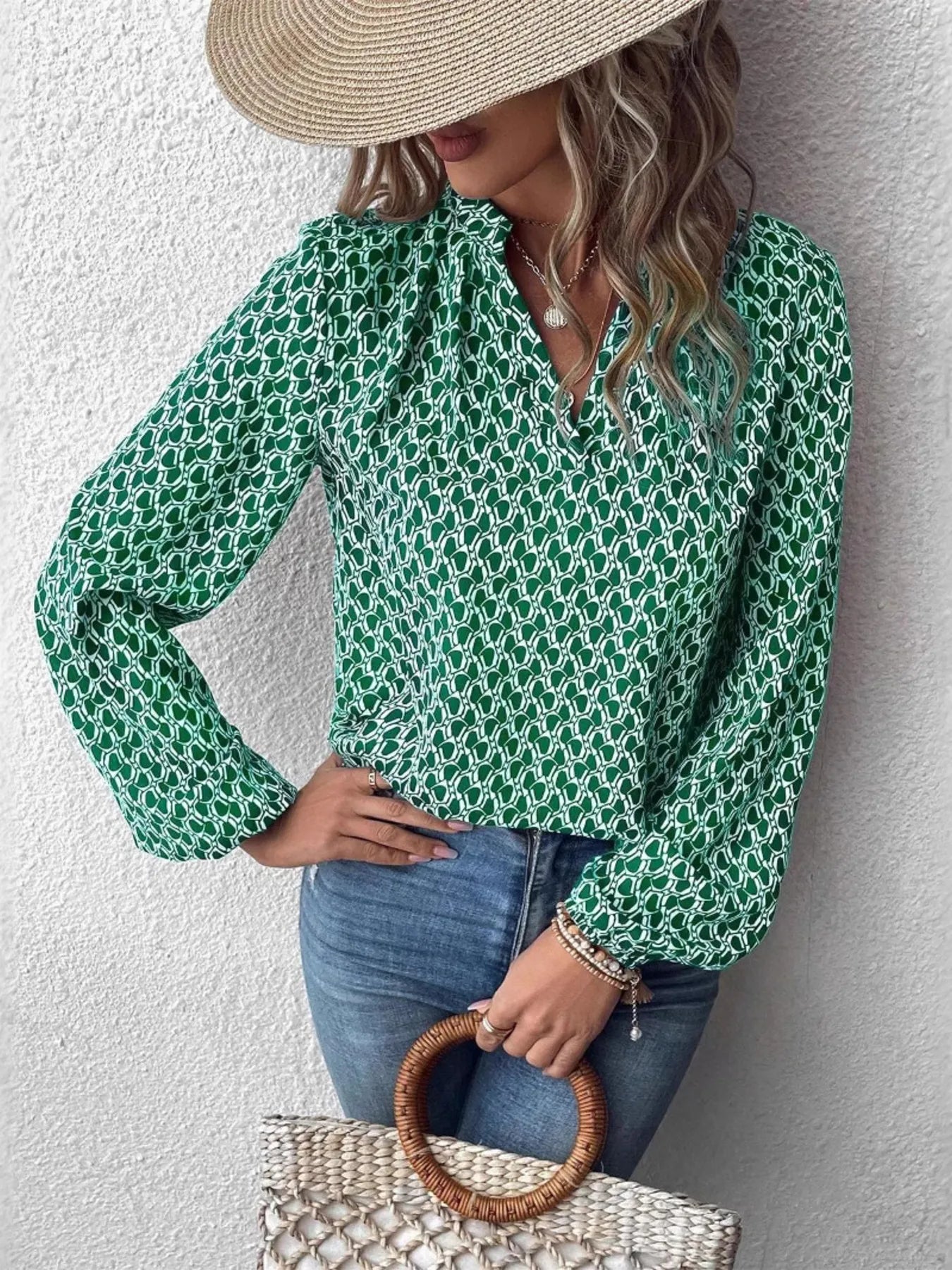 Chic Printed Notched Neck Long Sleeve Blouse