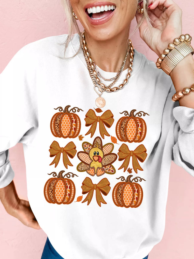 Halloween Pumpkin Bow Drop Shoulder Sweatshirt