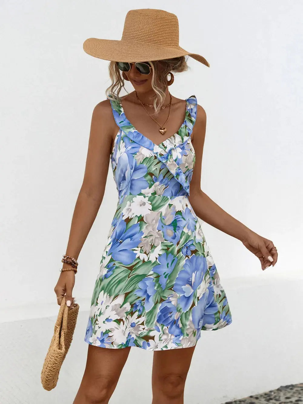 Ruffled Printed Surplice Mini Dress