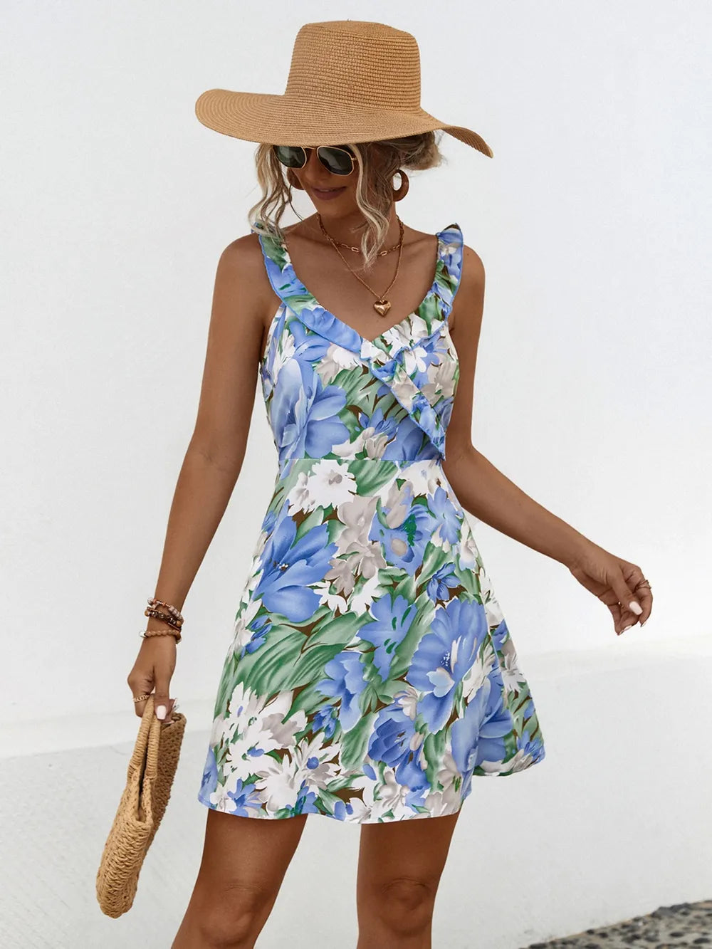 Ruffled Printed Surplice Mini Dress
