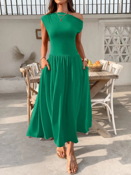 Single Shoulder Midi Dress with Pockets - Chic One-Shoulder Summer Silhouette