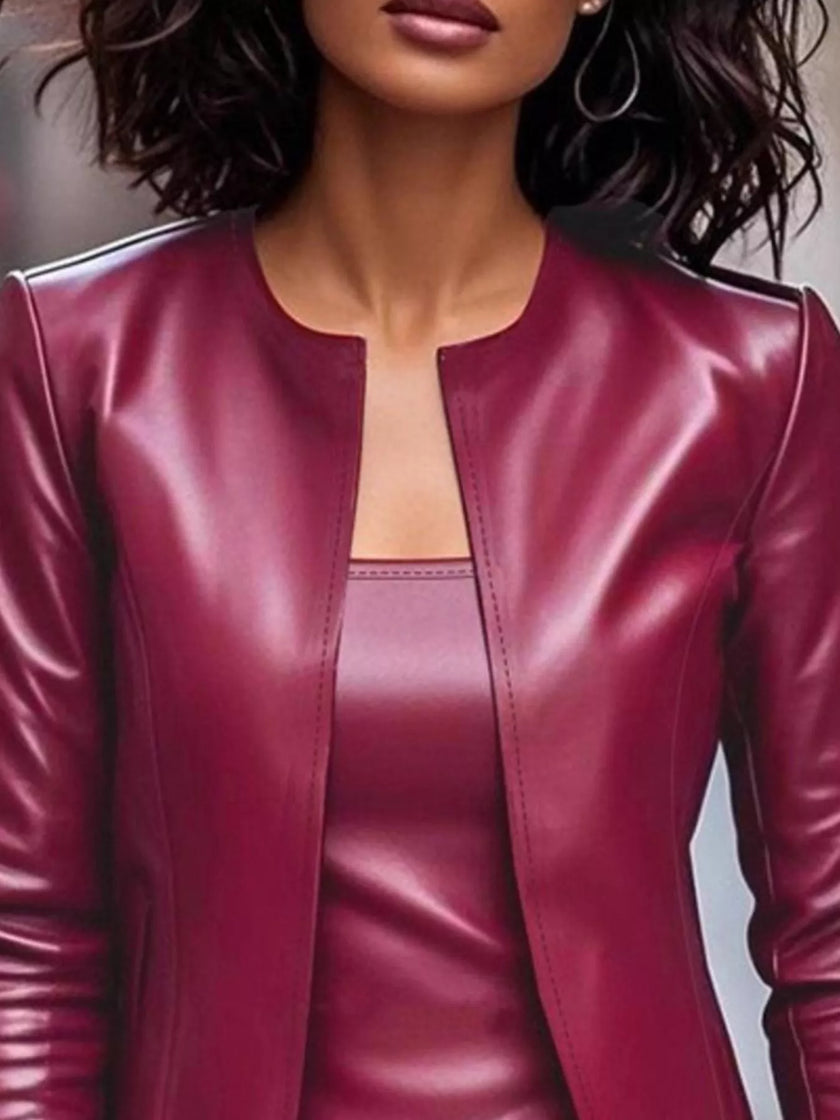 Open Front Leather Jacket & Dress Two-Piece Set