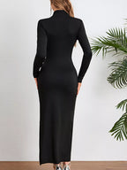 Black Ruched Slit Midi Dress – Elevated Silhouette