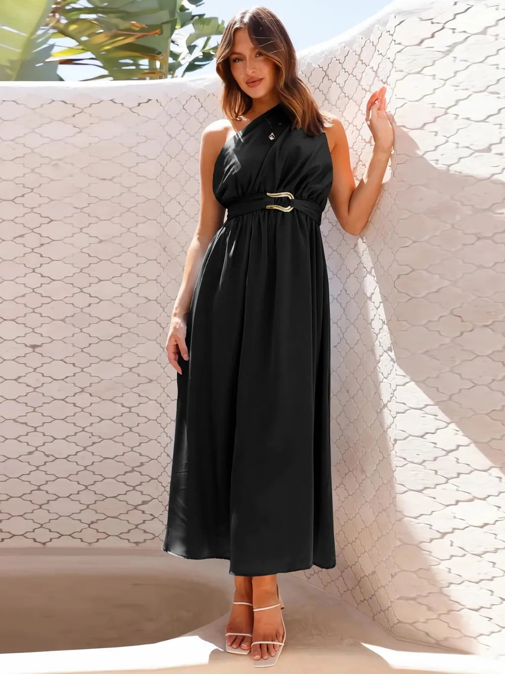 Asymmetric Belted Flow Midi Dress