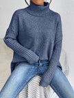Turtleneck High-Low Hem Ribbed Sweater - Oversized Asymmetrical Knit Pullover
