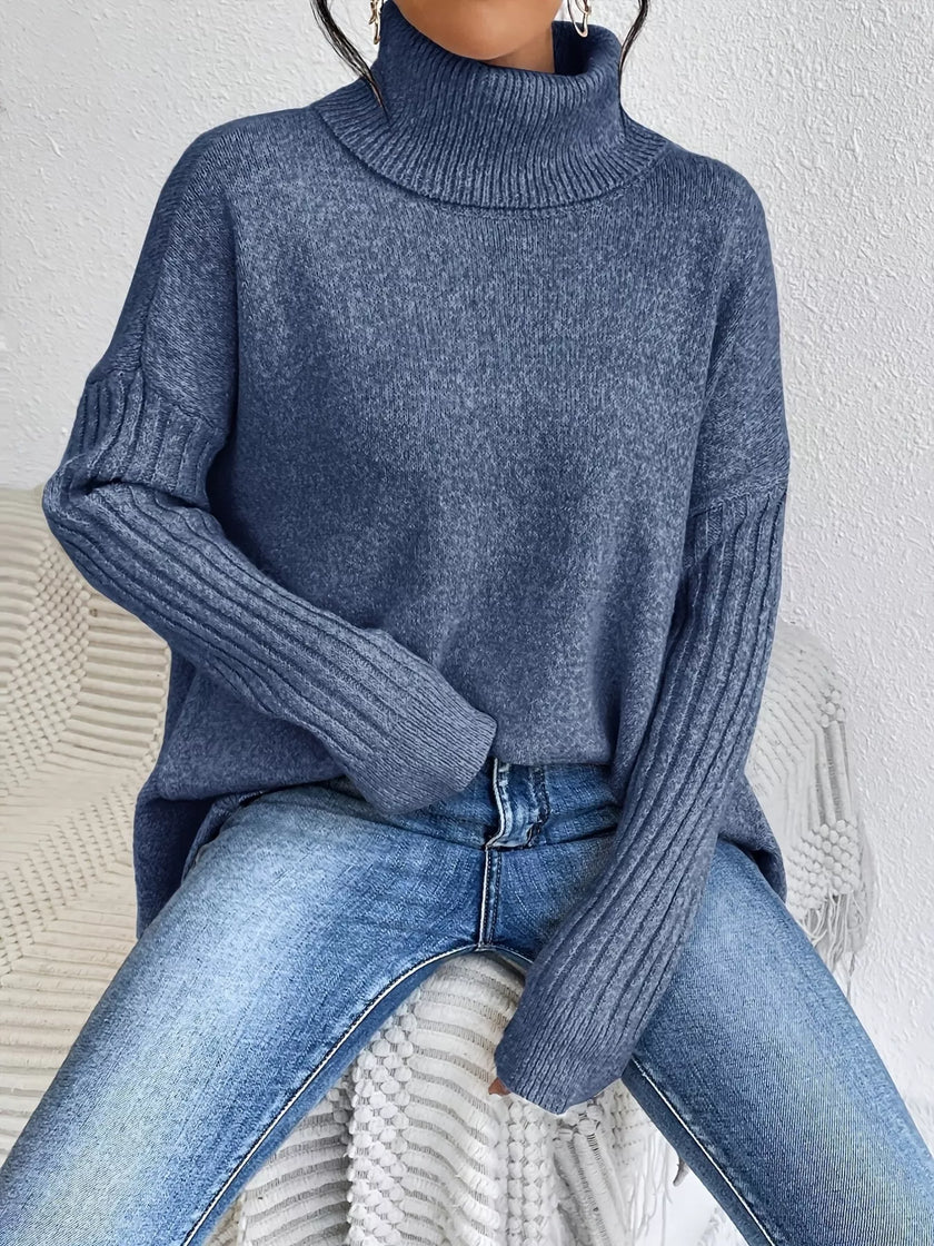 Turtleneck High-Low Hem Ribbed Sweater - Oversized Asymmetrical Knit Pullover